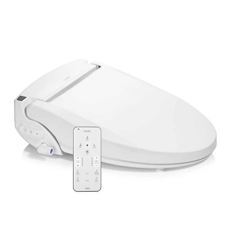 Brondell Swash DR802 Bidet Toilet Seat with remote control, features a sleek white design, enhancing bathroom comfort and hygiene.
