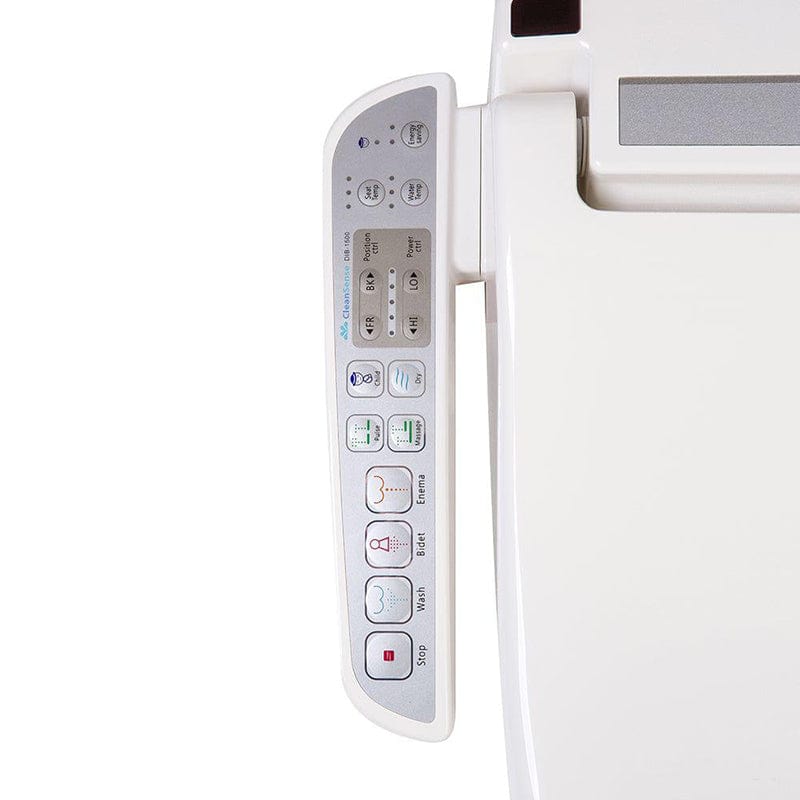 Side panel controls of Clean Sense 1500 Bidet Toilet Seat showcasing features like instant water heating and warm seat sensor.