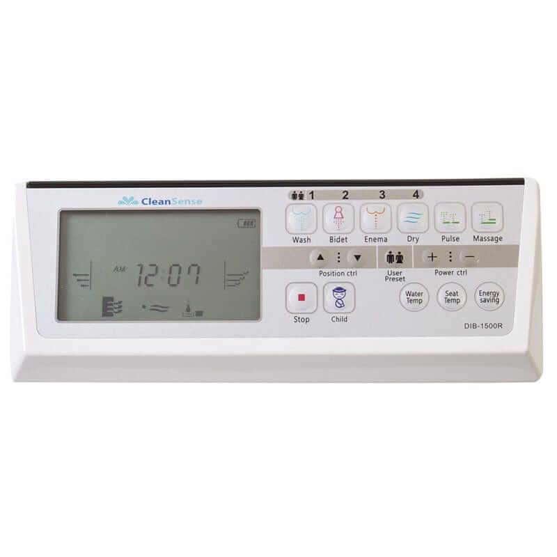 Remote control for CleanSense Bidet Seat 1500 with customizable settings and display screen.
