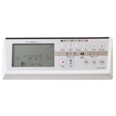 Remote control for CleanSense Bidet Seat 1500 with customizable settings and display screen.