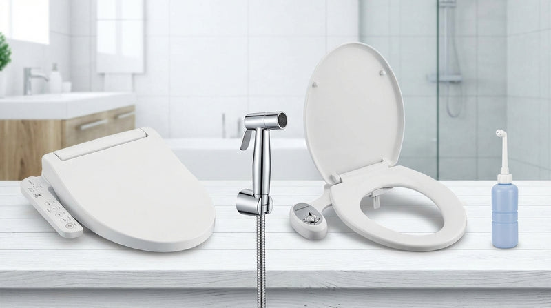 White bidet seat and control panel on a bathroom counter with a toilet in the background.
