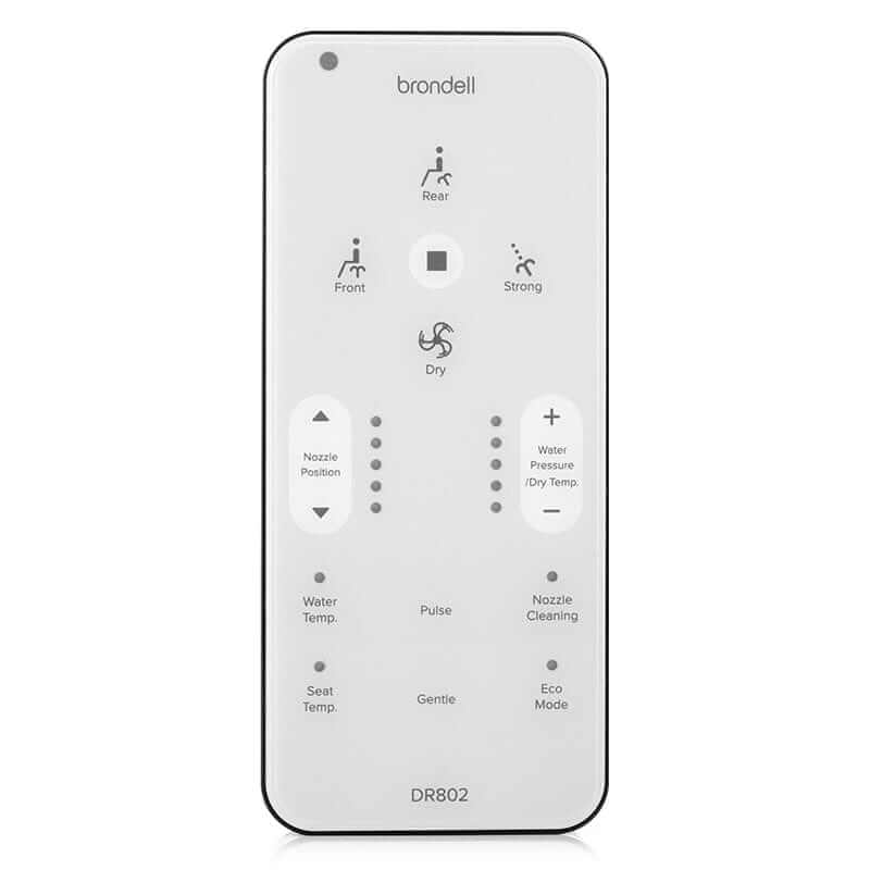 Brondell Swash DR802 Bidet Toilet Seat remote control with multiple function buttons for customizable settings.