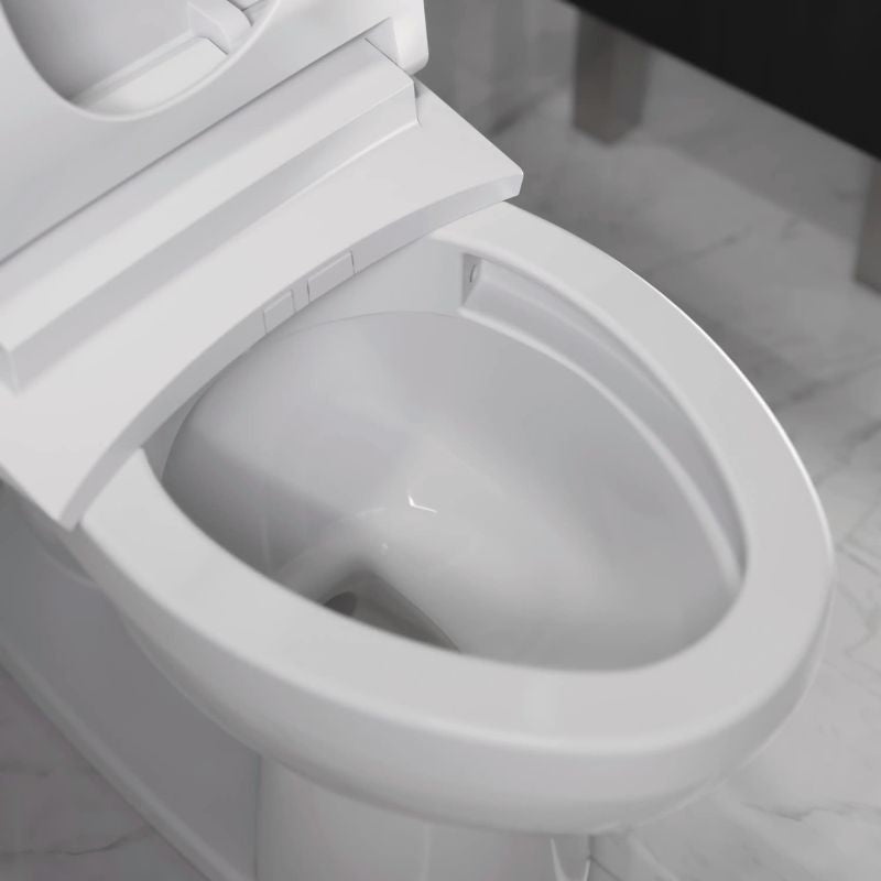 Duravit Sensowash Arcova Universal Bidet Seat - Close-up of a white ceramic toilet bowl with a white lid, shown against a dark background.
