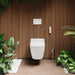 Duravit SensoWash Classic Starck Bidet Seat - Front view of a wall hanging modern toilet in a bathroom with wooden wall and plants