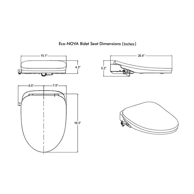 Eco-Nova Bidet Toilet Seat Dimensions Diagram with Measurements in Inches