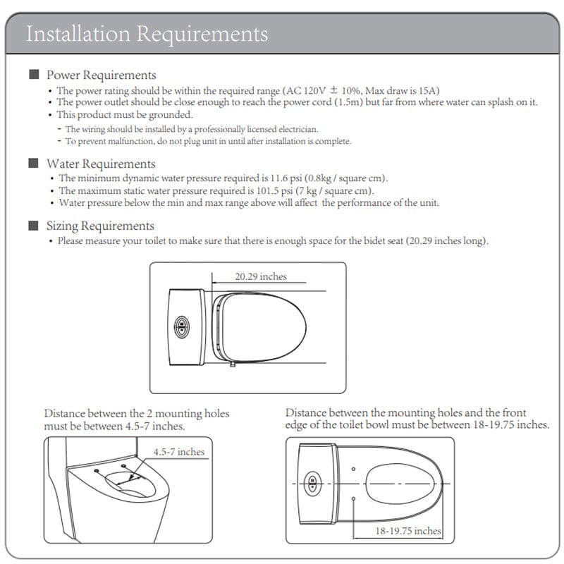 Eco-Nova Bidet Toilet Seat Installation Requirements and Measurements Guide.