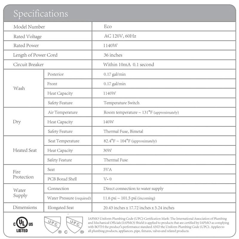 Eco-Nova Bidet Toilet Seat specifications table with details on model, voltage, heating system, dimensions, and certifications.