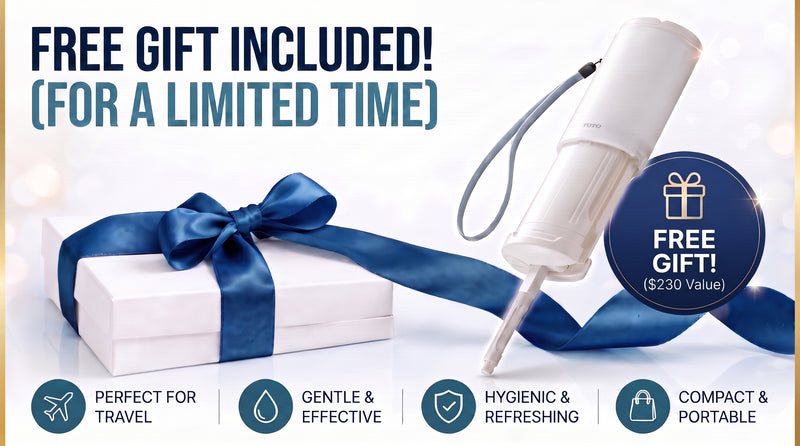 Promotional graphic for a travel personal care product, showing a white cylindrical device with a wrist strap beside a white gift box tied with a dark blue ribbon. Large text reads 'FREE GIFT INCLUDED! (FOR A LIMITED TIME)'.