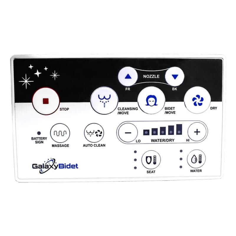 Remote control for Galaxy Bidet Toilet Seat GB5000 with various settings including nozzle adjustment, massage, and air dryer.