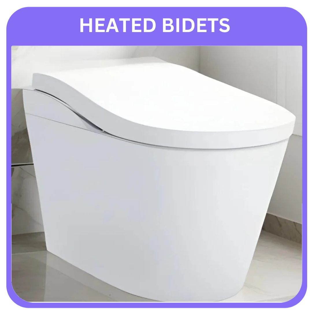 White heated bidet with a purple border and text overlay