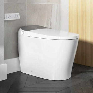 HOROW T03 Smart Bidet Toilet - Modern white toilet in a bathroom with gray tiles and wooden paneling.