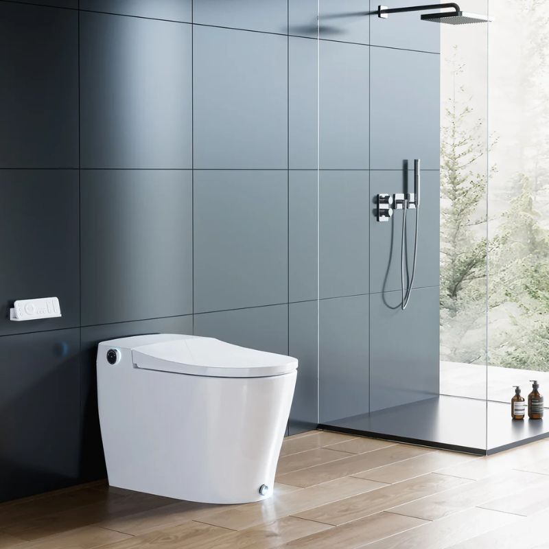 HOROW T05 Smart Toilet - Modern white toilet in a bathroom with gray tiled walls and a shower area.