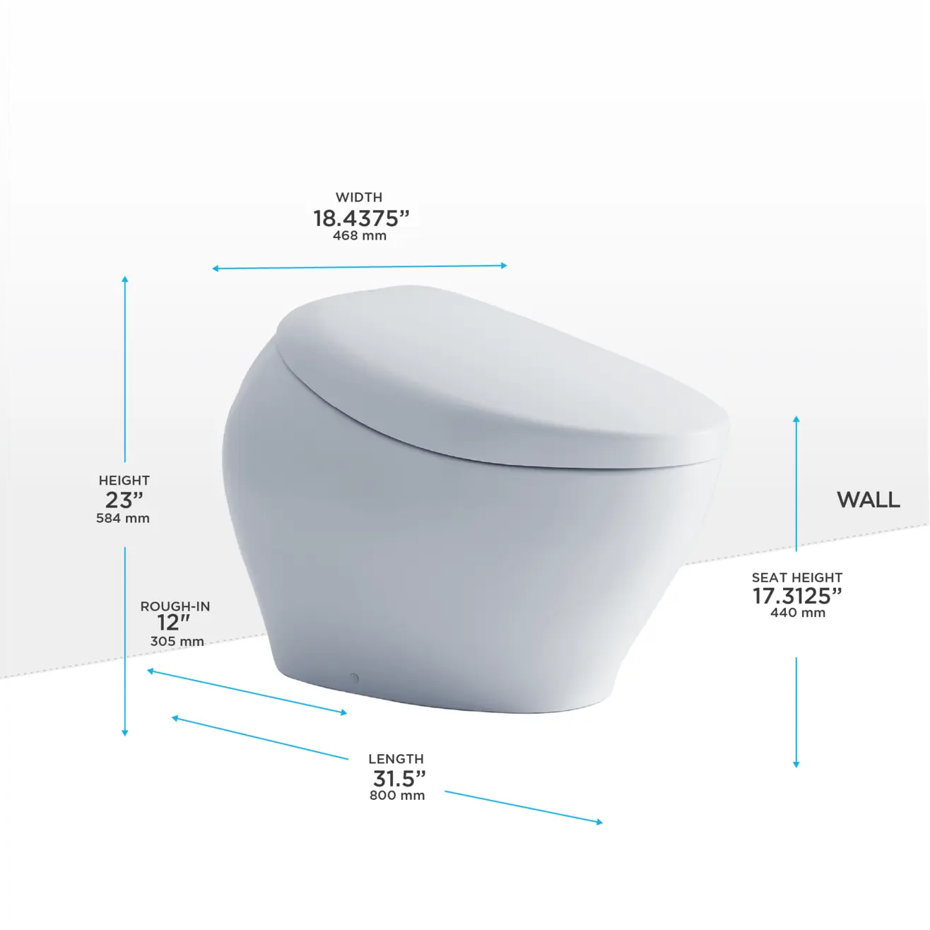 Neorest NX2 shown with dimension callouts and text indicating width, height, seat height, length, and rough-in depth on a clean white background.