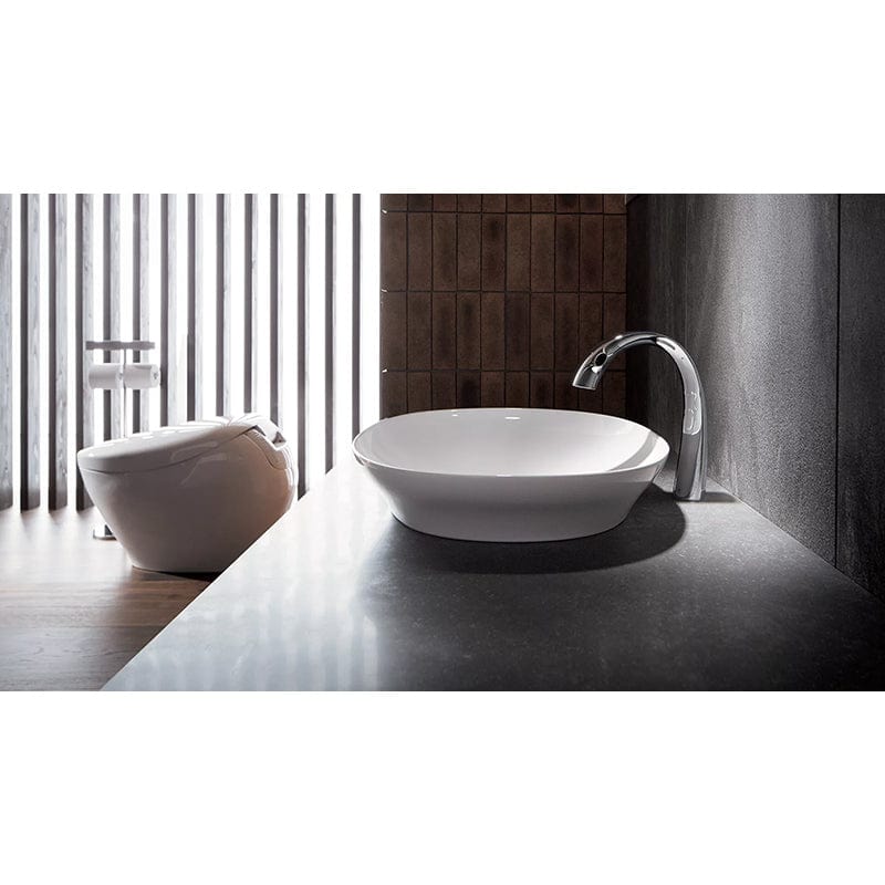 TOTO Neorest NX2 Dual Flush Bidet Toilet with modern bathroom sink and faucet, showcasing elegant bathroom design and functionality.