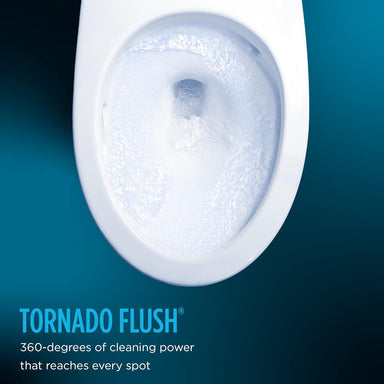 Toto Nexus WASHLET + S5 Two-Piece Toilet - 1.28 GPF - Close-up of a toilet bowl with cleaning solution, featuring the 'Tornado Flush' text.