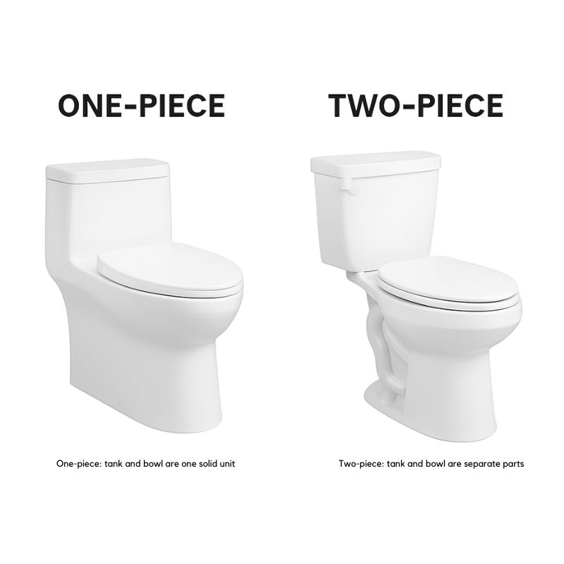 Comparison of one-piece and two-piece toilets on a white background