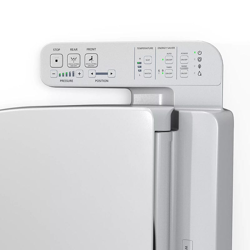 Control panel of TOTO Washlet A2 bidet toilet seat in gray, showing various functionalities and settings.