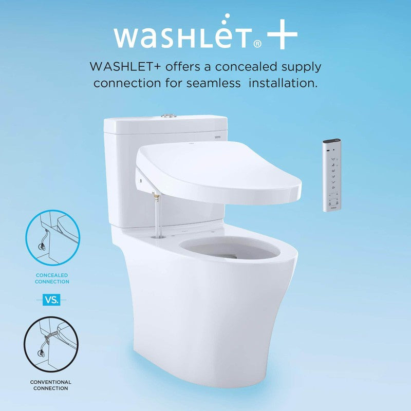 TOTO Aimes Washlet+ C5 one-piece bidet toilet combo with concealed supply and remote control for seamless installation.