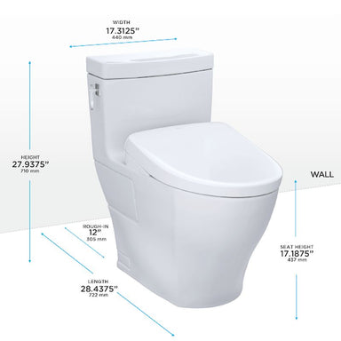 TOTO Aimes Washlet+ S7A One-Piece - White toilet with dimensions labeled on a white background