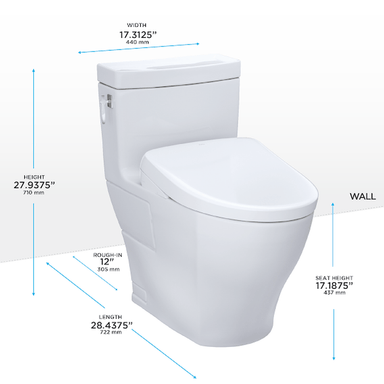 TOTO Aimes Washlet S7A One-Piece Toilet with dimensions measurement for width, height, and seat height.