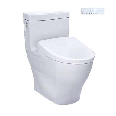 TOTO Aimes Washlet + S7A One-Piece 1.28 GPF toilet with modern design and control panel for enhanced bathroom experience.