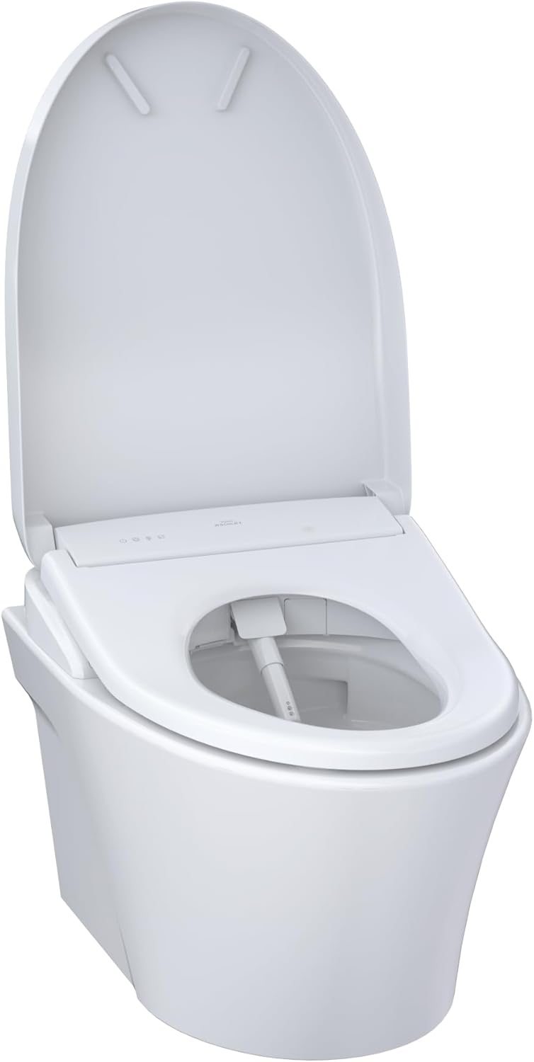TOTO AP Washlet+ S7 Wall Hung Bidet Toilet - White toilet with open lid on a white background