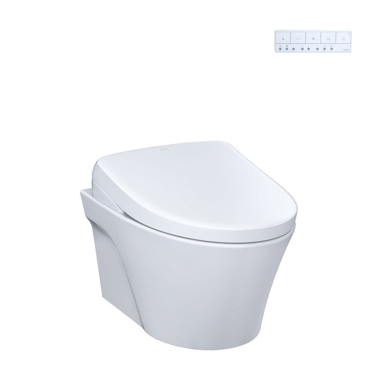 TOTO AP Washlet + S7A wall-hung bidet toilet with remote, 0.9 and 1.28 GPF, white modern bathroom fixture.