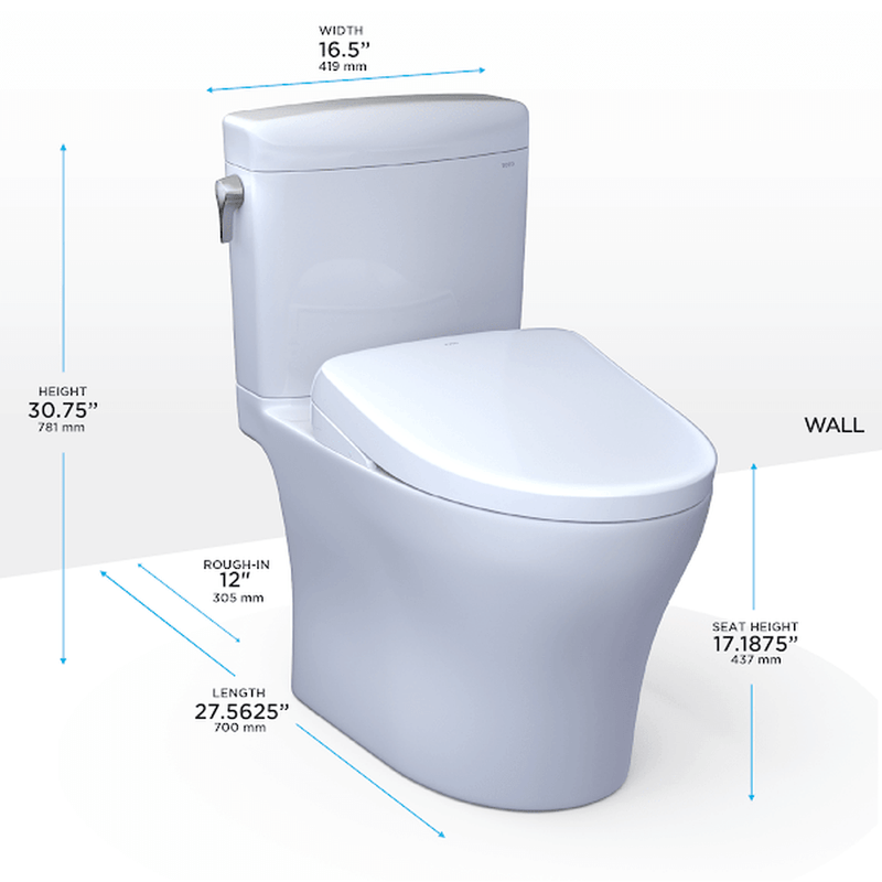 TOTO Aquia IV Cube Washlet+ S7 Two-Piece - White toilet with dimensions labeled on a white background