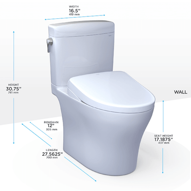 TOTO Aquia IV Cube Washlet+ S7 Two-Piece - White toilet with dimensions labeled on a white background