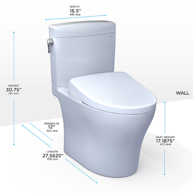 TOTO Aquia IV Cube Washlet+ S7 Two-Piece Toilet with dimensions: height 30.75", width 16.5", length 27.5625", seat height 17.1875".