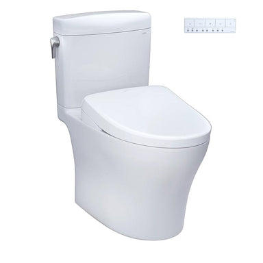 TOTO Aquia IV Cube Washlet+ S7 two-piece toilet with modern control panel for efficient dual flushing.