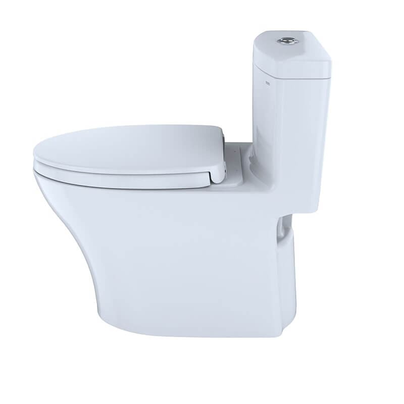 TOTO Aquia IV one-piece toilet with dual flush, 1.28 GPF and 0.9 GPF, shown in white profile view for modern bathroom design.