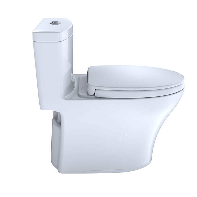 TOTO Aquia IV one-piece toilet, white, showing left side view, dual flush 1.28 GPF and 0.9 GPF efficiency