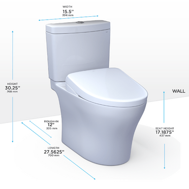 TOTO Aquia IV + S7A Two-Piece toilet, universal height, dimensions shown, 1.28 and 0.9 GPF efficiency.