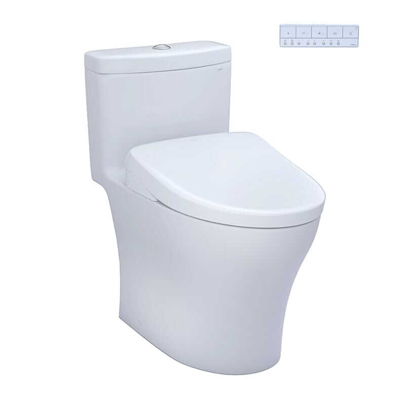 TOTO Aquia IV Washlet+ S7 One-Piece - White toilet with a lid and control panel on a white background