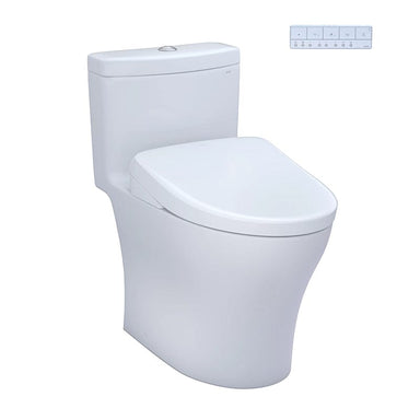 TOTO Aquia IV Washlet+ S7 One-Piece Toilet with dual flush 1.28 and 0.9 GPF, includes control panel, features sleek modern design.