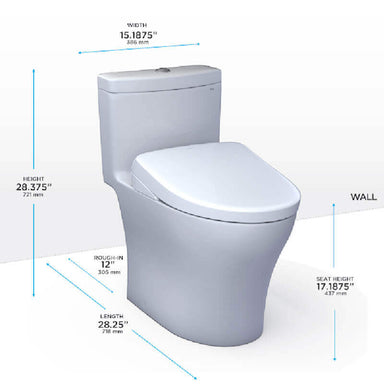 TOTO Aquia IV Washlet+ S7 One-Piece - White toilet with dimensions labeled on a white background