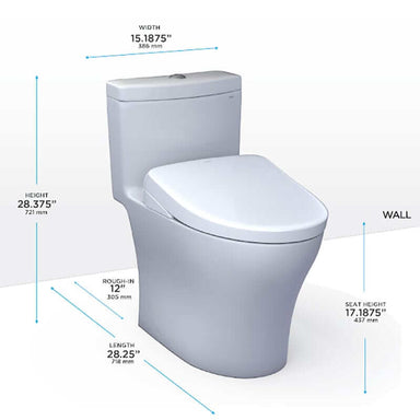 TOTO Aquia IV Washlet+ S7A One-Piece - White toilet with dimensions labeled on a white background