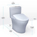 TOTO Aquia IV Washlet S7A one-piece toilet with dimensions, featuring 1.28 and 0.9 GPF dual flush system and sleek design.