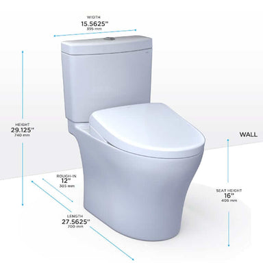 TOTO Aquia IV Washlet+ S7A 2 Piece Toilet - 1.28 GPF & 0.9 GPF - White toilet with dimensions labeled on a white background