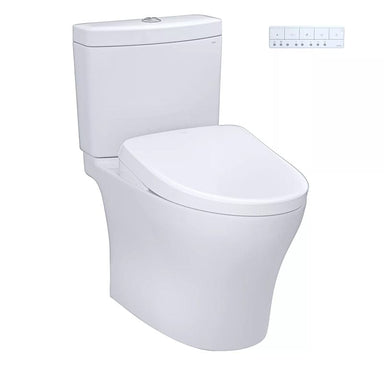 TOTO Aquia IV Washlet+ S7A, two-piece toilet with dual flush of 1.28 GPF and 0.9 GPF, featuring a sleek design and remote control.