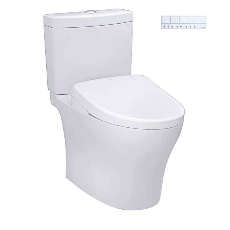 TOTO Aquia IV Washlet+ S7A, two-piece toilet with dual flush of 1.28 GPF and 0.9 GPF, featuring a sleek design and remote control.