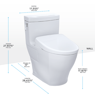 TOTO Aimes Washlet + S7 One-Piece 1.28 GPF with toilet dimensions: width 17.3125", length 28.4375", height 27.9375"