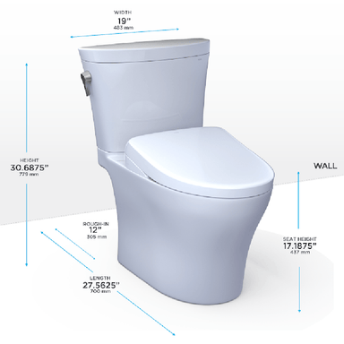 TOTO Aquia IV Arc Washlet+ S7A two-piece toilet with specified dimensions including width, height, and seat height.