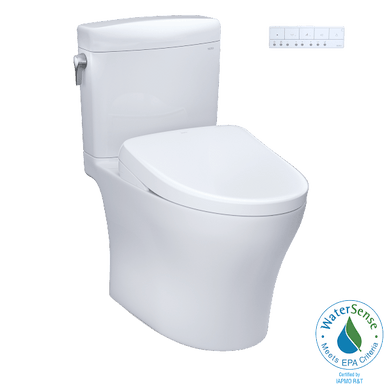 TOTO Aquia IV Cube Washlet+ S7A Two-Piece Toilet with remote control and WaterSense label, featuring 1.28 & 0.9 GPF efficiency.