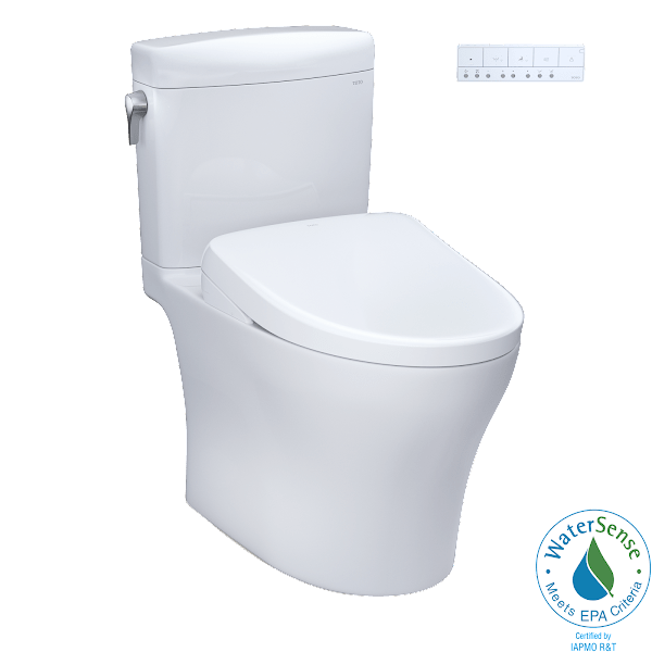 TOTO Aquia IV Cube Washlet+ S7A Two-Piece Toilet with remote control and WaterSense label, featuring 1.28 & 0.9 GPF efficiency.