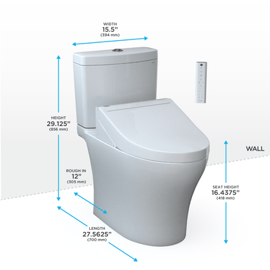 TOTO Aquia IV Washlet+ C5 toilet with dimensions, featuring 1.28 GPF & 0.9 GPF dual flush, universal height design.