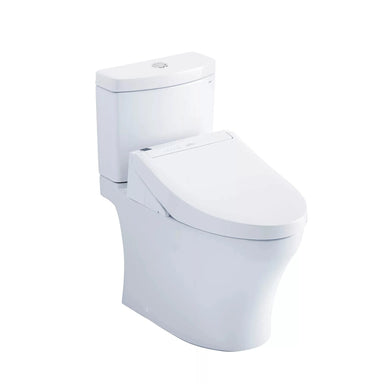 TOTO Aquia IV Washlet+ C5 two-piece toilet, sleek modern design, 1.28 GPF and 0.9 GPF dual flush system, white color.