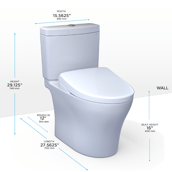 TOTO Aquia IV Washlet+ S7 Two-Piece Toilet with dimensions labeled, featuring 1.28/0.9 GPF, modern design and compact size.