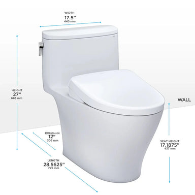 TOTO Nexus 1G Washlet+ S7A One-Piece with measurements including width, height, seat height, rough-in, and length dimensions shown.